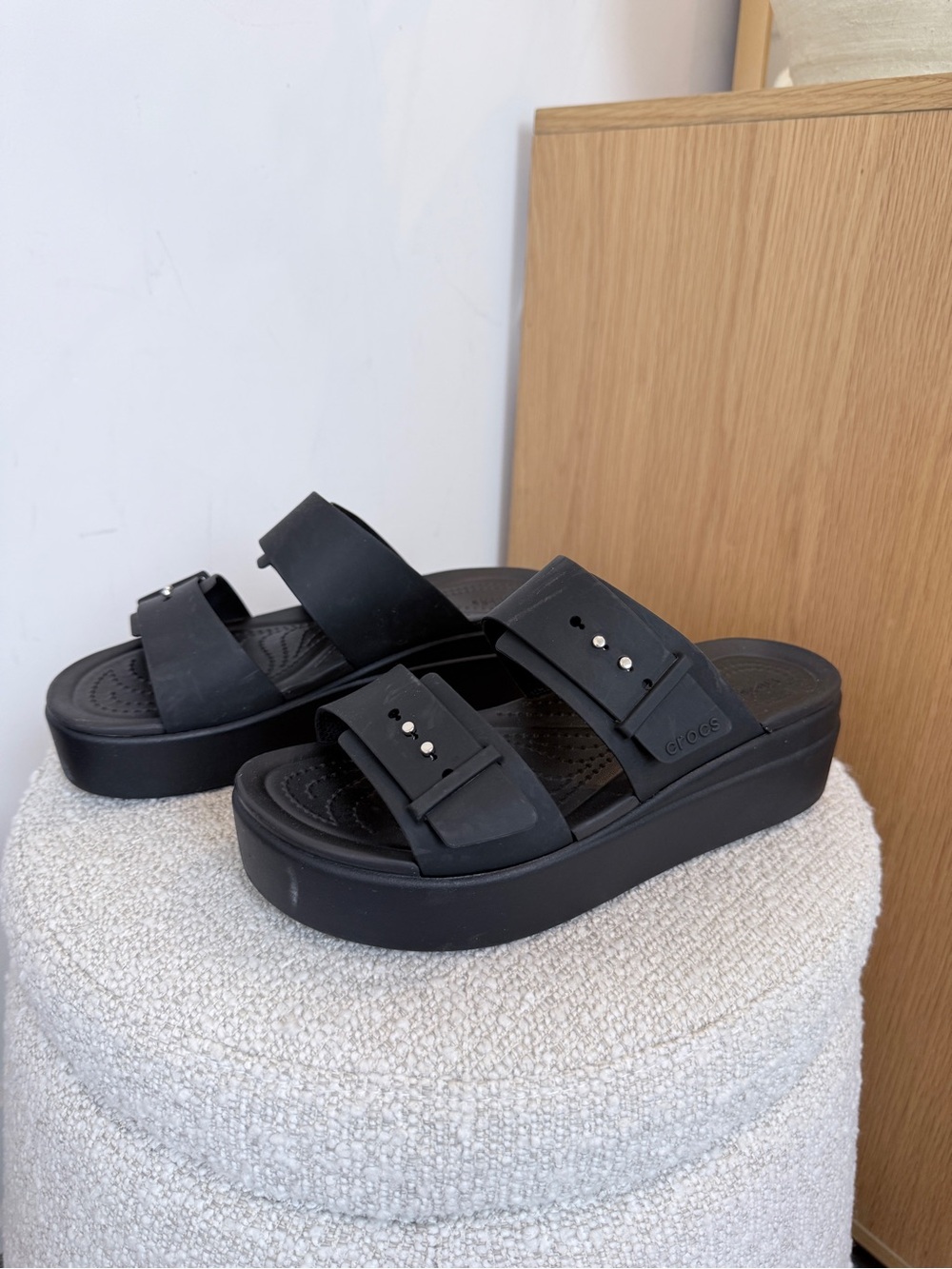 CROCS Wedge Black Platform Double-Buckle Slide Sandals